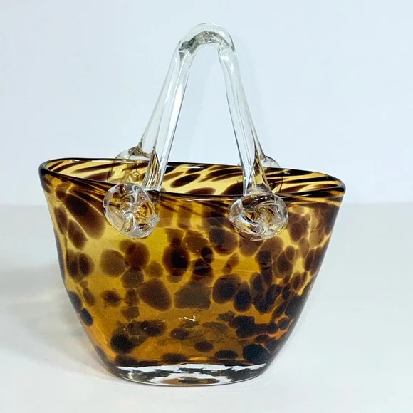 Hand Blown Murano Style Vintage Glass Purse Vase Leopard Spot Amber 7" Art - Picture 2 of 13